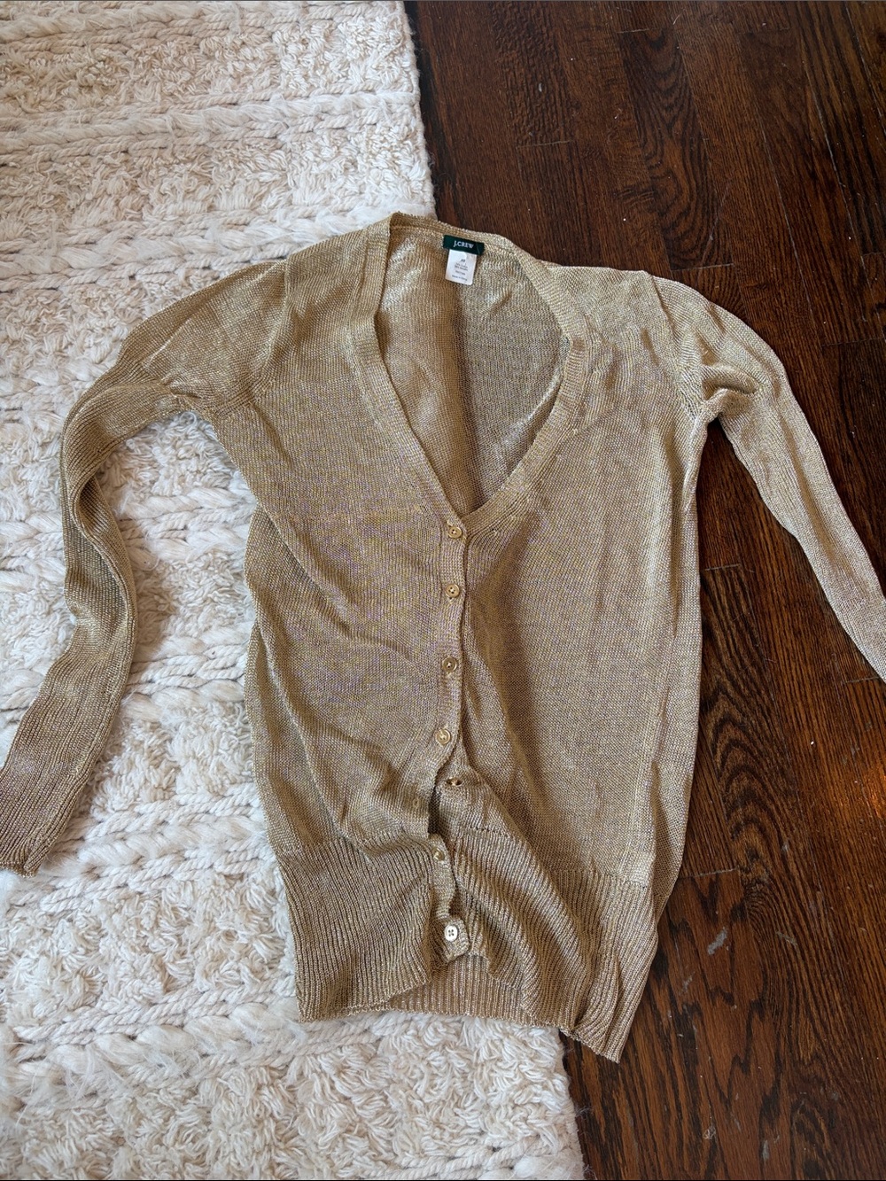 J. Crew Lightweight Metallic Gold V-Neck Button Cardigan